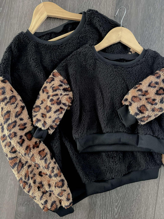 RTS: FUZZY LEOPARD SLEEVE MAMA AND ME SWEATER